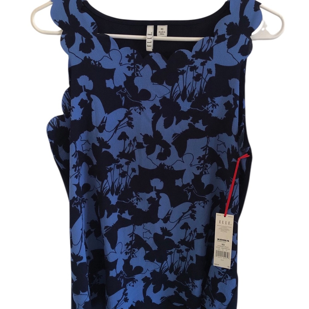 Elle Blue and Navy Floral Scalloped Neck Tank